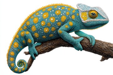 Naklejka premium Close Up Turquoise Chameleon with Yellow Spots on Branch Against White Background