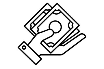 A collection of minimalist business and finance line icons in black outline style. This vector set includes icons of handshakes, giving and receiving money, charity donations, holding coins, financial