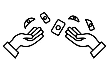 A collection of minimalist business and finance line icons in black outline style. This vector set includes icons of handshakes, giving and receiving money, charity donations, holding coins, financial