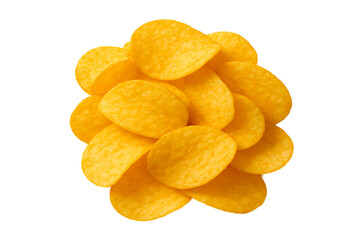 Crispy golden potato chips isolated on transparent background, delicious salted snack for fast food, party treats, and junk food advertising