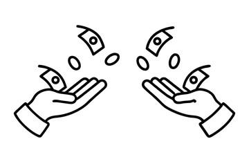 A collection of minimalist business and finance line icons in black outline style. This vector set includes icons of handshakes, giving and receiving money, charity donations, holding coins, financial