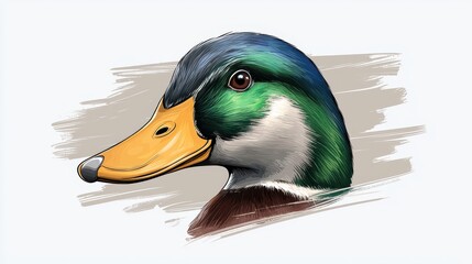 Detailed Mallard Duck Head Profile, Green and Orange, Neutral Painted Background