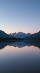 Serene Sunrise Mountain Lake Reflection with Pink Hues and Tranquil Waters