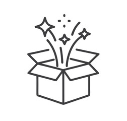 Gift box open icon in line style, Magic box and magic stars, Surprise symbol. vector illustration