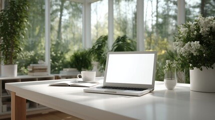 clean white room, laptop on right side of table, blank white screen, front view 