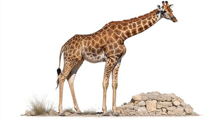 Naklejka premium Giraffe on a Rock Pile Against White Background