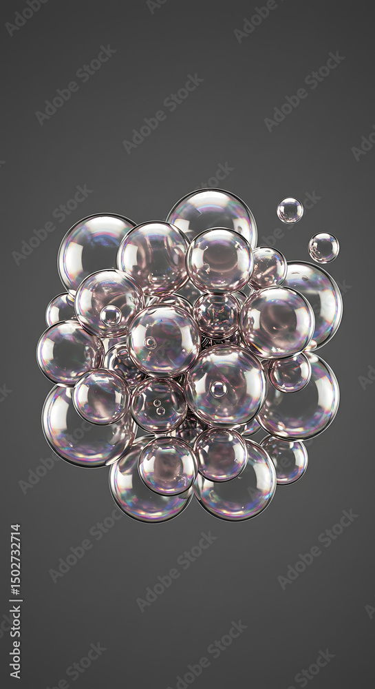 Poster iridescent bubbles cluster abstract floating spheres 3d render science technology design