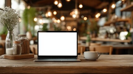 Fototapeta premium front view of laptop on wooden cafe table, cup of coffee, blurred background, blank screen