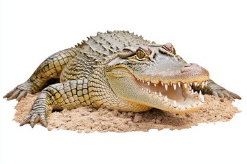 Obraz premium Large Alligator on Sand with Open Mouth, Isolated on White