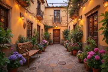 Obraz premium walkway lined with potted plants and a bench
