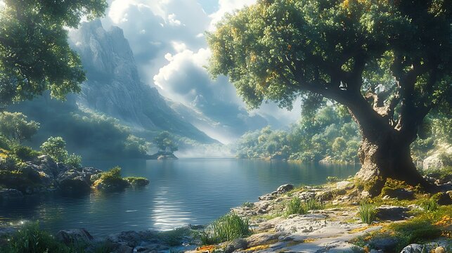 Majestic lakeside vista displaying the raw beauty of nature's tranquil haven