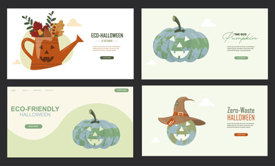 Eco Halloween Pumpkin Web Design Template Collection. sustainable Halloween website layouts. Eco-friendly halloween banner set. Halloween banner set. Flat style. Vector illustration