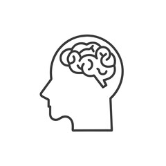 Human head with brain icon, brain symbol in line style isolated on white background, vector illustration