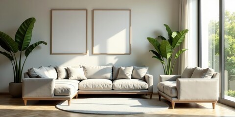 Serene Living Room with Neutral Tones and Natural Light Featuring a Sectional Sofa and Two Decorative Plants