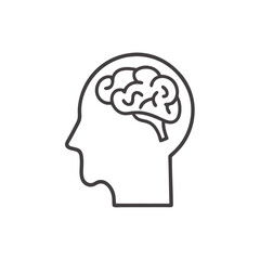 Human head with brain icon, brain symbol in line style isolated on white background, vector illustration