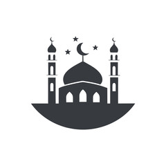 Minimalistic Mosque Design with Stars and Crescent at Night, Featuring Islamic Elements, Islamic Icon Set