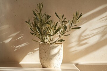 Cream-colored speckled pot holds olive branch, sunlit shadows