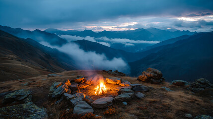 Mountain campfire under moody sky with peaks shrouded in mist. Glowing flames in stone circle provide warmth and light.