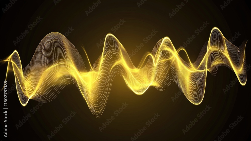 Poster golden luminous waves flow across a dark background, creating an abstract, dynamic pattern