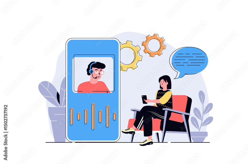 Fototapete Virtual assistant web concept with cartoon people design. Woman connecting with operator of customer support service and making video calling. Flat illustration isolated on white background.