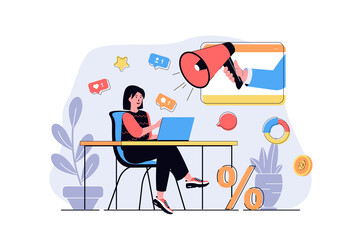 Digital marketing web concept with cartoon people design. Woman makes advertising campaign online, creates content and posts, attracting clients. Flat illustration isolated on white background.