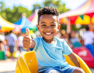 A cheerful young boy at a vibrant fairground giving a thumbs-up while smiling brightly. The scene is filled with colorful tents and a joyful atmosphere of summer fun and laughter.
