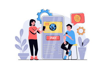 Plakat Online payment web concept with cartoon people design. Man and woman paying purchases with credit card, sending money in mobile banking app. Flat illustration isolated on white background.