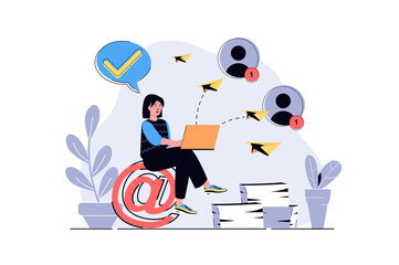 Email service web concept with cartoon people design. Woman sends business letters and messages with announcement, chatting online with friends. Flat illustration isolated on white background.