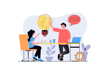 Plakat Brainstorming web concept with cartoon people design. Woman and man generating new ideas, finding solutions for developing business project. Flat illustration isolated on white background.