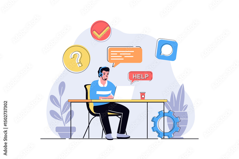 Aufkleber customer service web concept with cartoon people design. call center operator answering questions, h