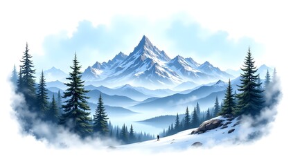 Fototapeta premium Serene Mountain Landscape with Snow-Capped Peaks and Pine Trees