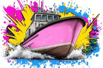 Pink Motorboat Speeding on Water, Pop Art Style Illustration