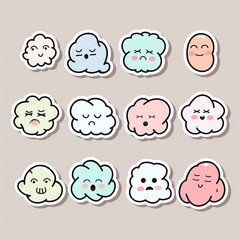 Obraz premium Minimalistic kawaii brain and cloud emotion sticker pack for fun use