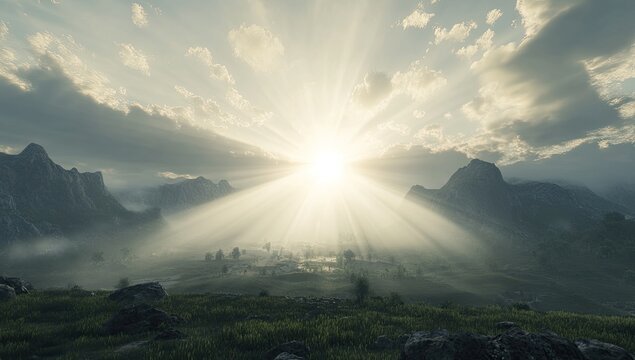 Radiant sunrise over a valley nestled between mountains