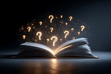 open book with glowing lights question marks