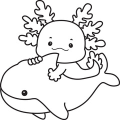 Outline of Illustration of cute axolotl activities icon.
Lineart of Funny pink axolotl in daily routine stickers.
