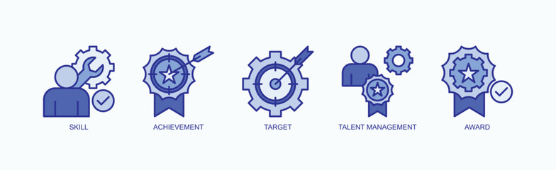 Mastery Unlocked Icon Set Isolated Vector With Icon Of Skill, Achievement, Target, Talent Management, Award In Blue Style
