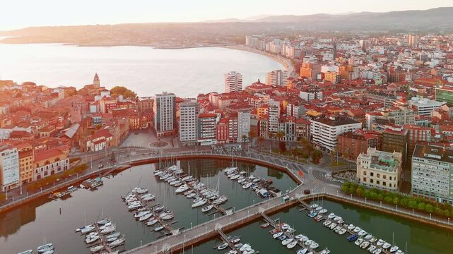 Aerial view of Gijon old town at sunrise, Asturias, Spain