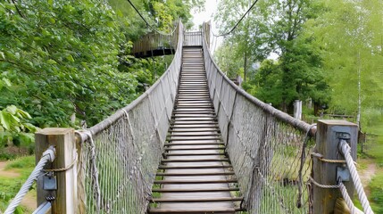 Rope bridge suspended in lush green forest for walking or climbing adventure experience, part of a fun eco nature tour in outdoor food-themed park, promoting eco travel, exploration and recreation