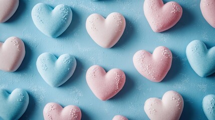 Fototapeta premium Pastel Pink and Blue Heart Shaped Bath Bombs on Blue Background