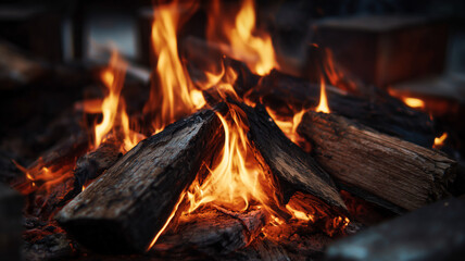 A close-up captures a crackling campfire, logs ablaze with warm hues, creating a cozy and inviting atmosphere for outdoor gatherings.