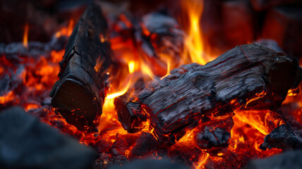 Glowing embers with flames, intense heat rising from wood.  The heart of a warm fire. Dark wood and burning light contrast.