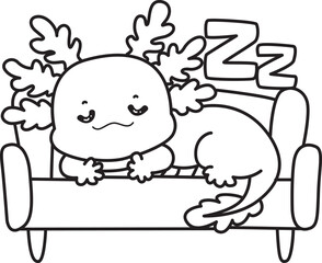 Outline of Illustration of cute axolotl activities icon.
Lineart of Funny pink axolotl in daily routine stickers.
