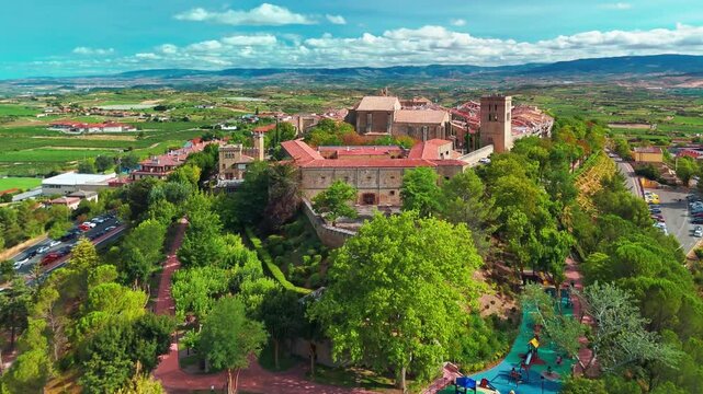 Aerial view of Laguardia medieval fortified hilltop village in northern Spain