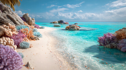 Fantasy beach with clear turquoise water, white sand, and vibrant coral decorations, tropical paradise