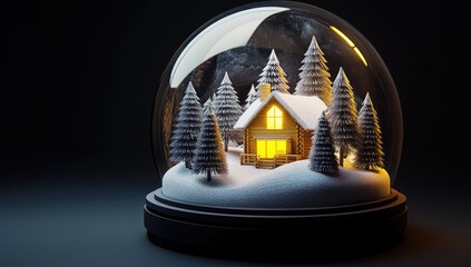 A snow globe scene.  A cozy wooden cabin, nestled in a snowy forest, sits within a transparent sphere.  Warm light emanates from the cabin's windows