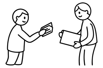 A collection of minimalist business and finance line icons in black outline style. This vector set includes icons of handshakes, giving and receiving money, charity donations, holding coins, financial