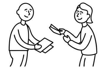 A collection of minimalist business and finance line icons in black outline style. This vector set includes icons of handshakes, giving and receiving money, charity donations, holding coins, financial