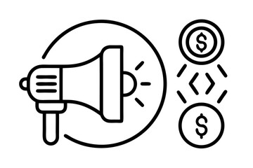 A collection of minimalist business and finance line icons in black outline style. This vector set includes icons of handshakes, giving and receiving money, charity donations, holding coins, financial
