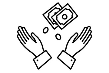 Fototapeta premium A collection of minimalist business and finance line icons in black outline style. This vector set includes icons of handshakes, giving and receiving money, charity donations, holding coins, financial
